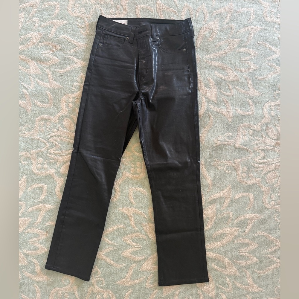 Gap women’s black waxed denim. Sky-high slim.